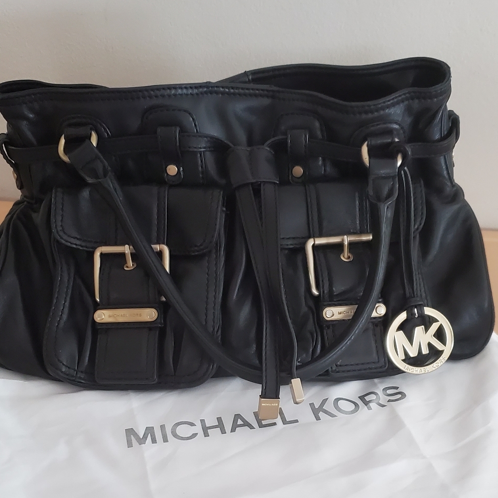 Michael Kors Black Leather Double Front Pocket Medium Handbag